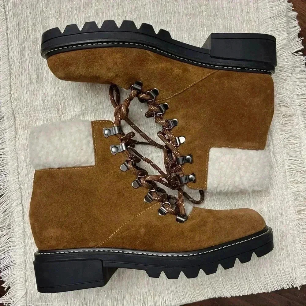 Bernardo Hiker Boots Size 7.5 Brown Lace Up Sherpa Anthropologie Suede Brazil